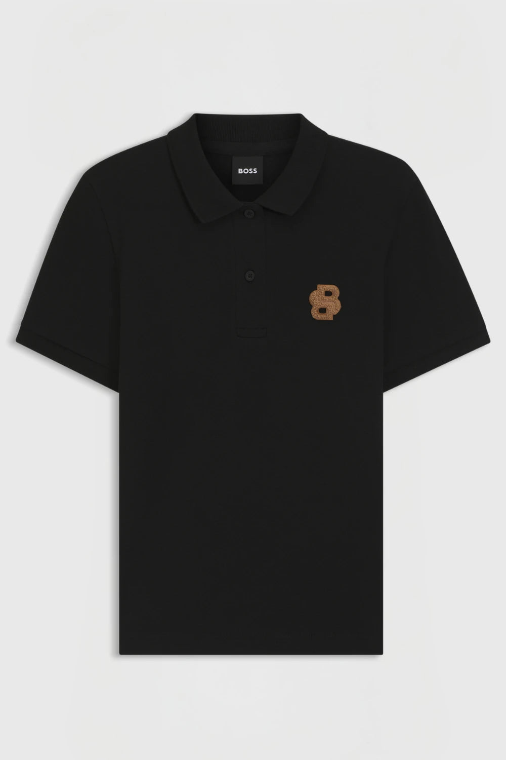 Black | Black polo shirt with a small brown logo on a light gray background