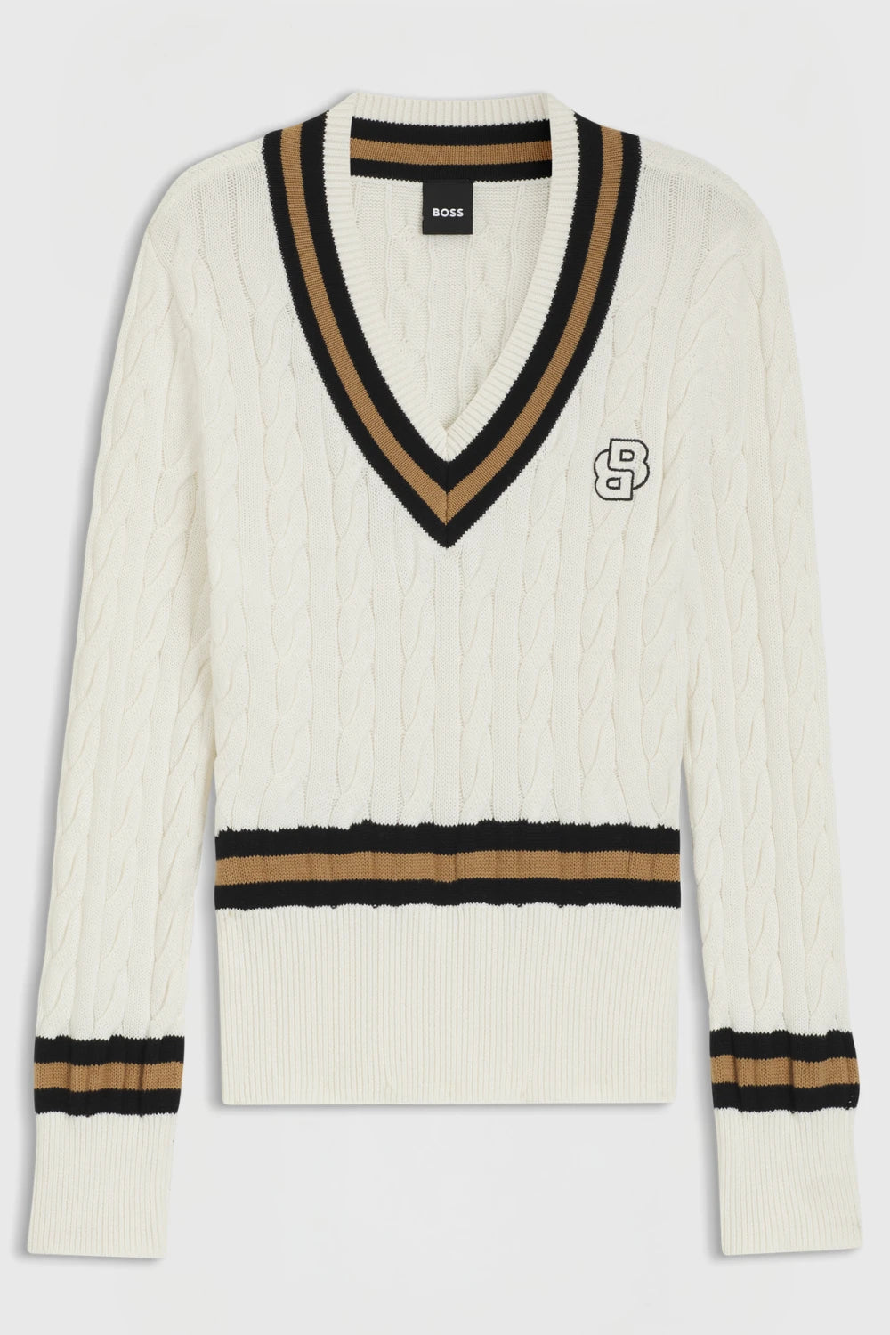Soft Creme | White sweater with black and brown accents on a white background
