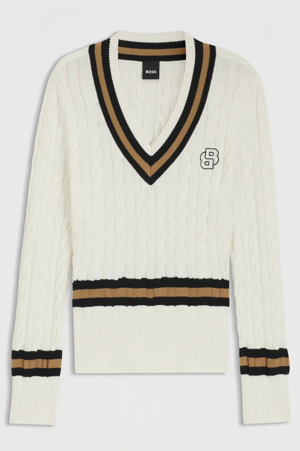 Soft Creme | White sweater with black and brown accents on a white background