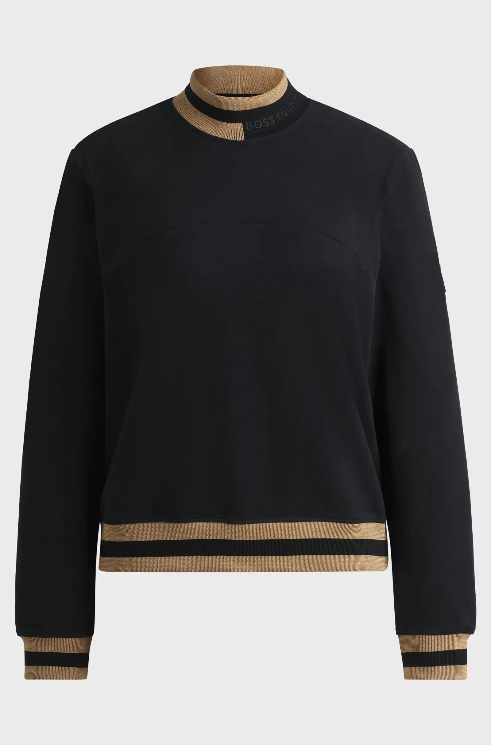 Black | A black long-sleeve mock neck sweatshirt with beige and black striped ribbed trim at the collar, hem, and cuffs, shown on a light gray background.